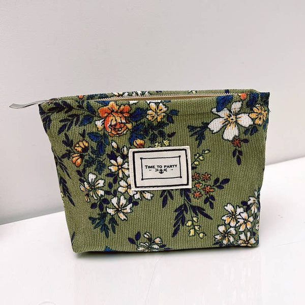 TIME TO PARTY OLIVE CORDUROY FLORAL ZIPPER MAKEUP BAG