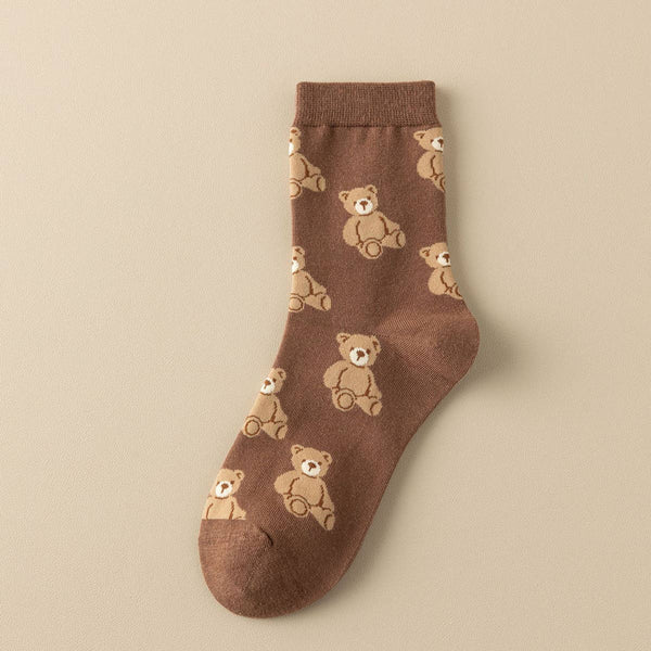 CUTE SIMPLE BROWN BEAR PATTERN CREW SOCKS (OS)