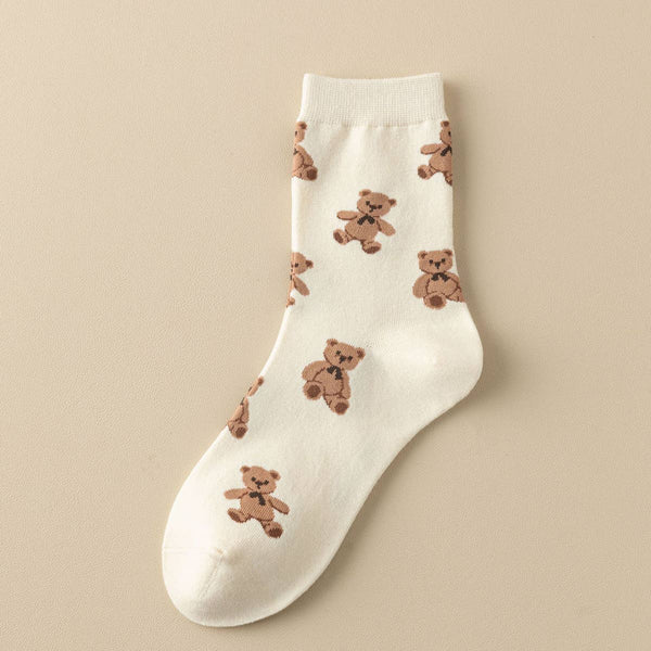 CUTE SIMPLE BROWN BEAR PATTERN CREW SOCKS (OS)