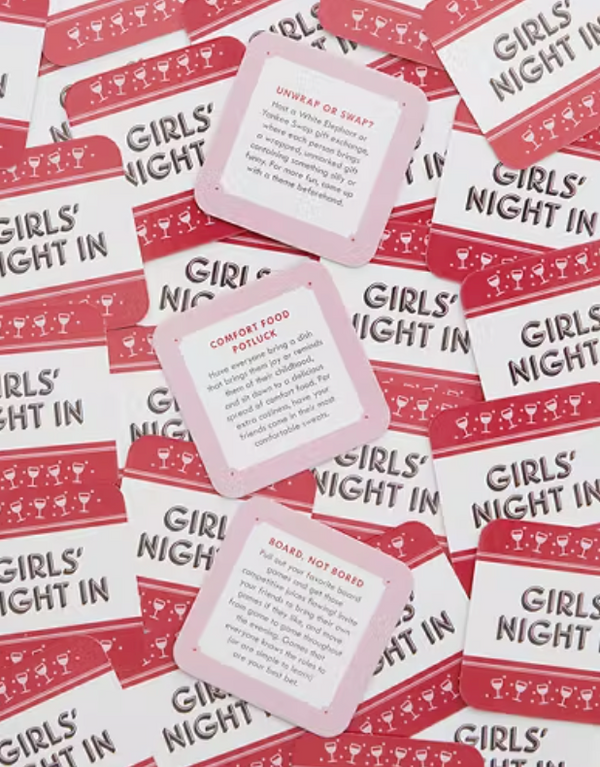 Stickers with 'Girls' Night In' text and icons on a matching background