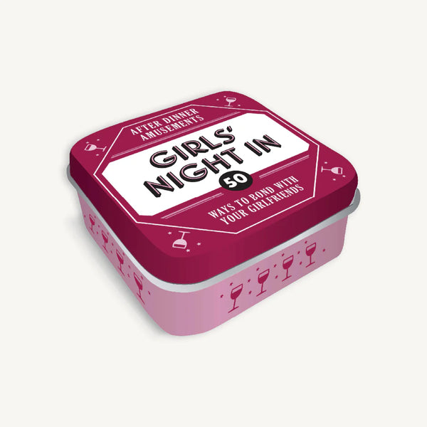 Pink and white tin box with 'Girls' Night In' text on a white background