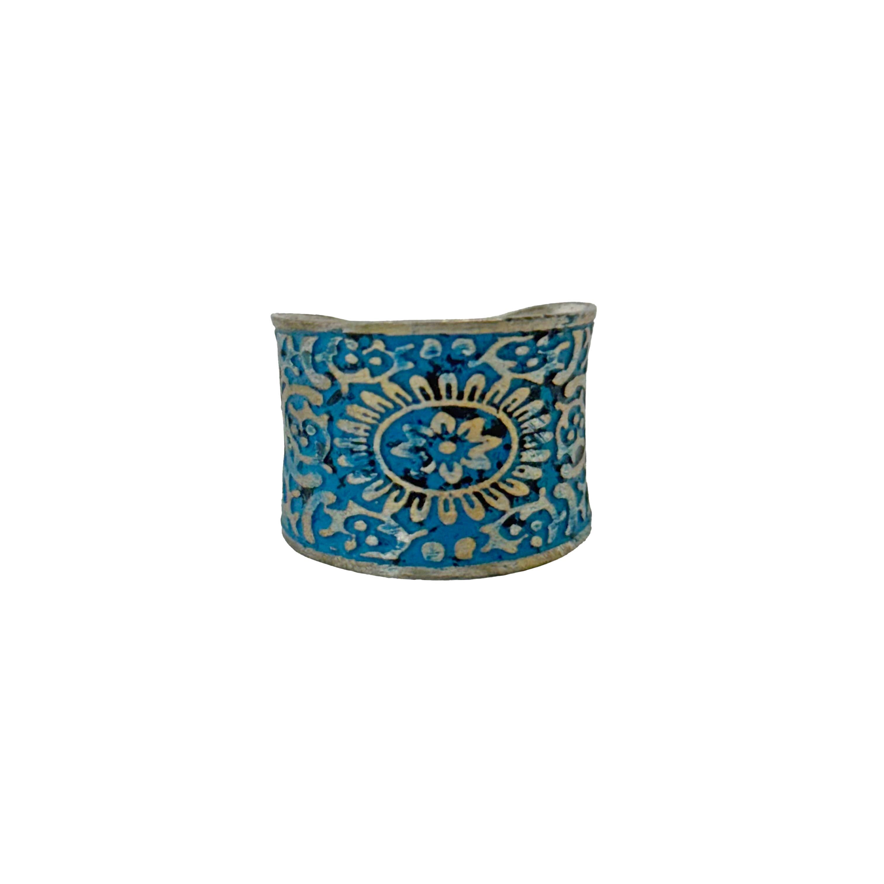SILVER PATINA BLUE MANDALA BRASS RING