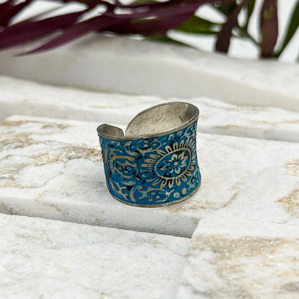 SILVER PATINA BLUE MANDALA BRASS RING