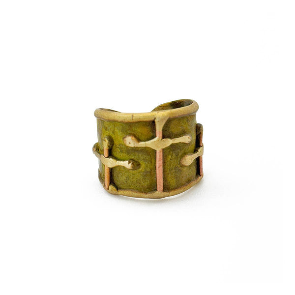 OLIVE GREEN THREE CROSSES BRASS PATINA RING