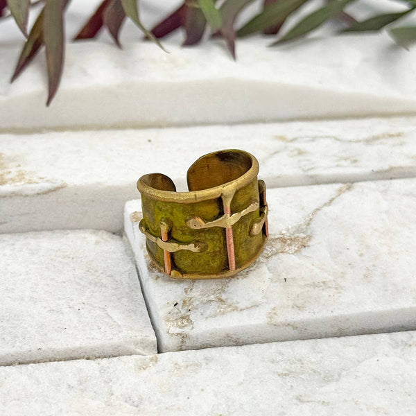 OLIVE GREEN THREE CROSSES BRASS PATINA RING