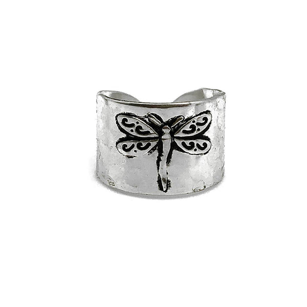 SILVER PLATED ADJUSTABLE CUFF RING - DRAGONFLY