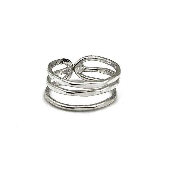SILVER PLATED ADJUSTABLE RING - THREE TEXTURED BANDS