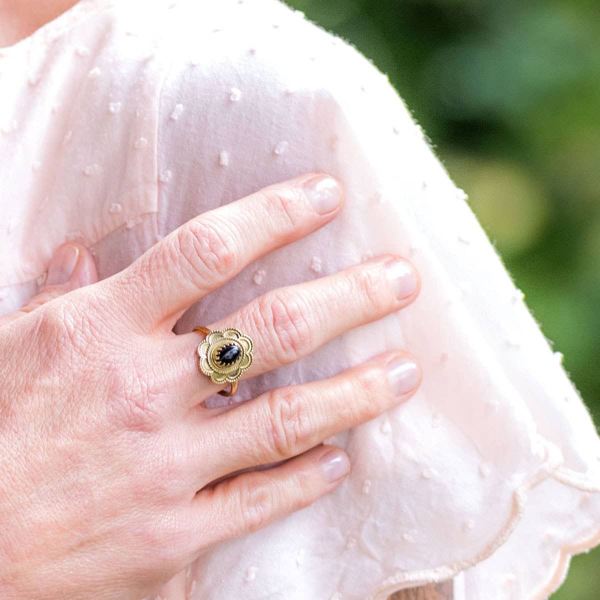 TANVI COLLECTION GOLDTONE BRASS W/ ONYX RING