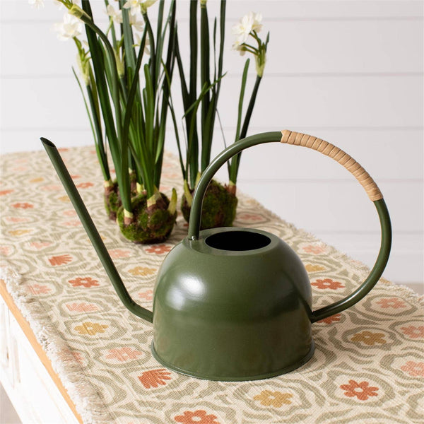 GREEN ENAMEL WITH RATTAN WATERING CAN