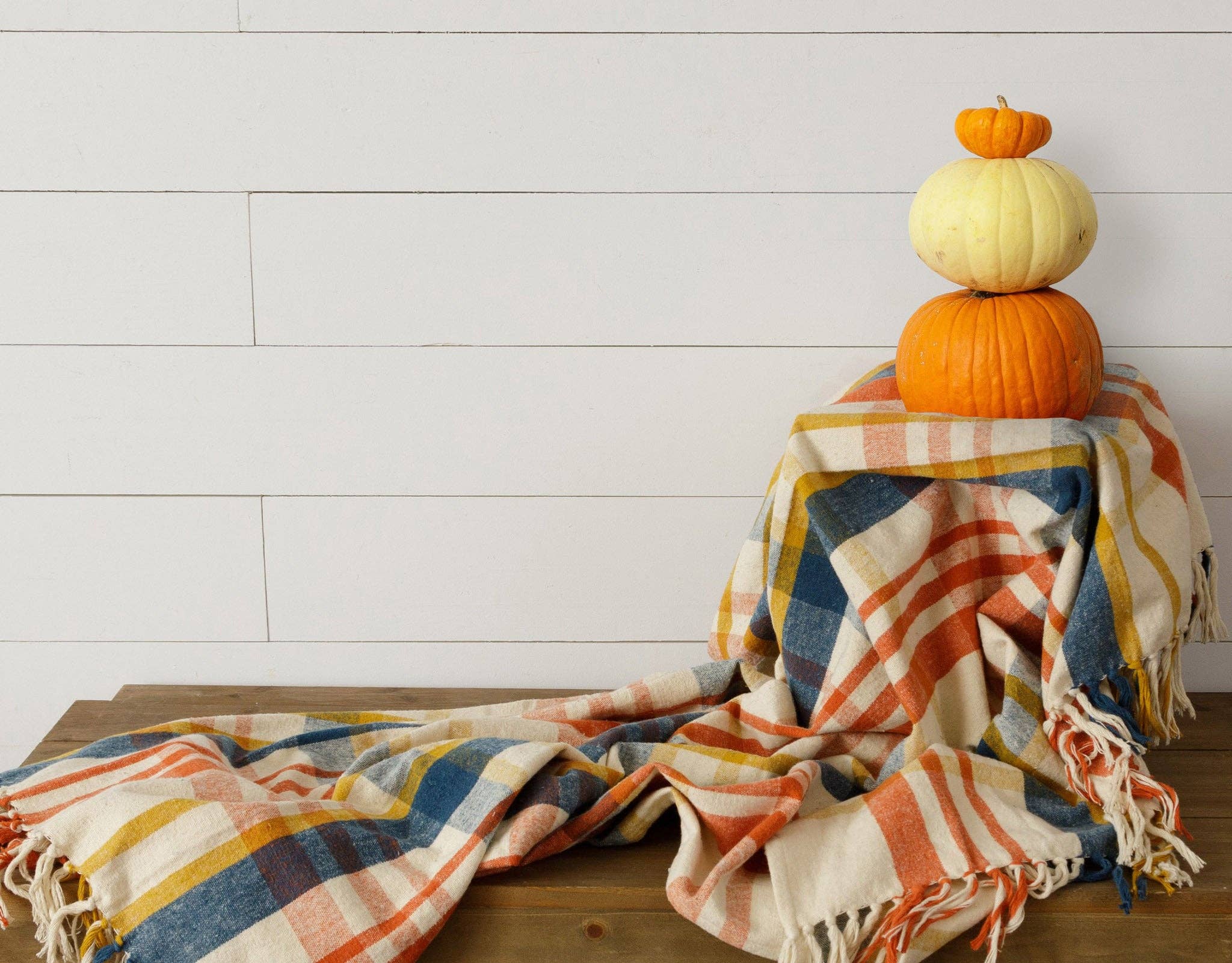 BRUSHED COTTON FLANNEL THROW - NAVY, RUST, MUSTARD