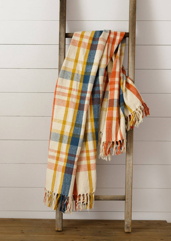 BRUSHED COTTON FLANNEL THROW - NAVY, RUST, MUSTARD