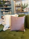 Decorative pillow on a green couch with a blurred background of shelves and plants