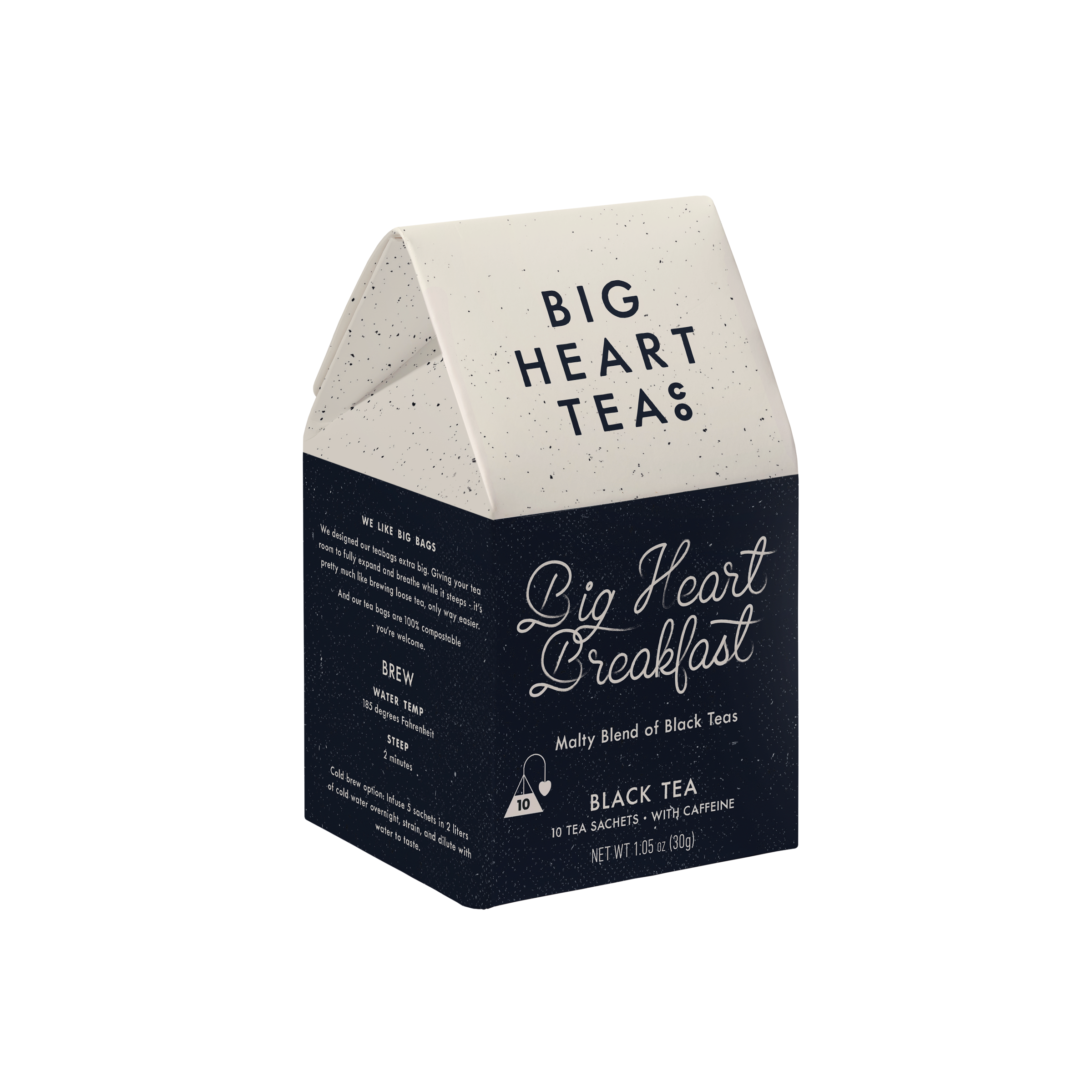 A box of Big Heart Tea Company's Breakfast Blend tea bags with packaging that includes the brand name and product details.