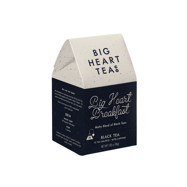 A box of Big Heart Tea Company's Breakfast Blend tea bags with packaging that includes the brand name and product details.