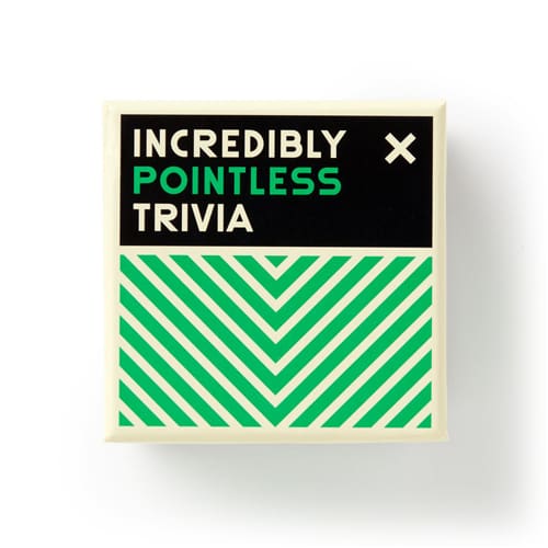 Book titled 'Incredibly Pointless Trivia' with green and white design on a white background