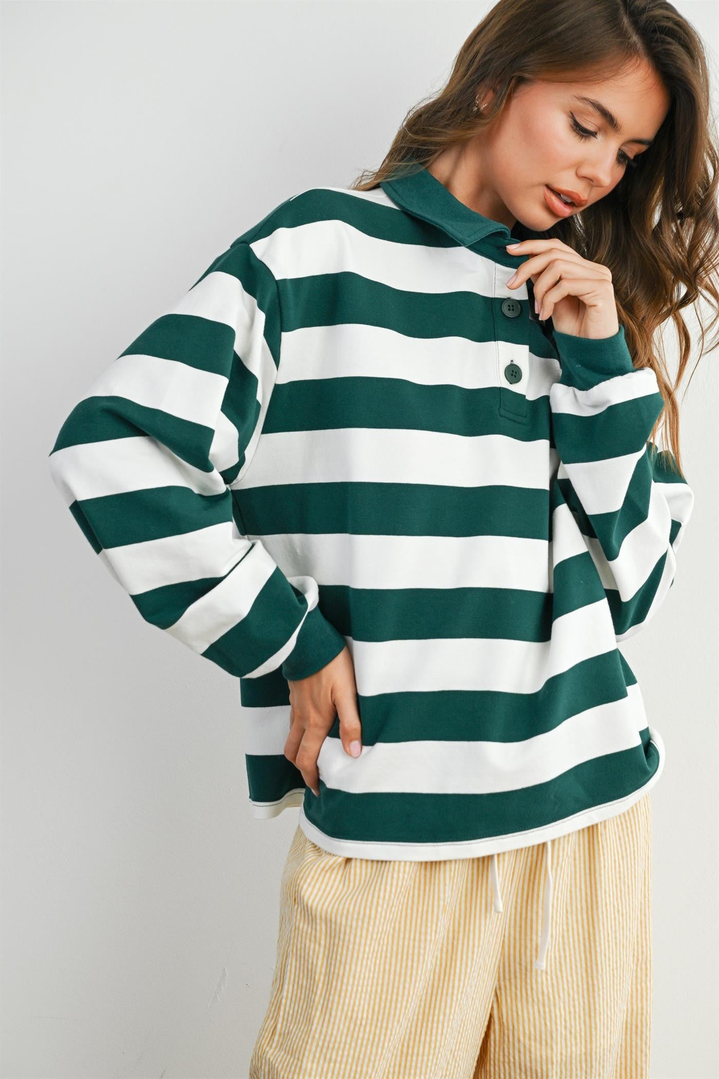 STRIPED QUARTER-BUTTONED COLLARED SWEATSHIRT