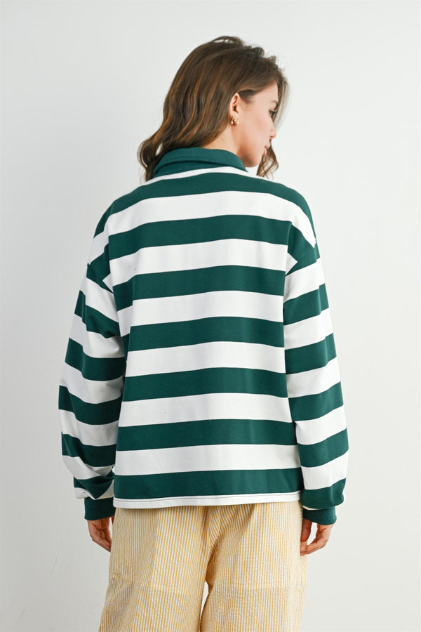 STRIPED QUARTER-BUTTONED COLLARED SWEATSHIRT