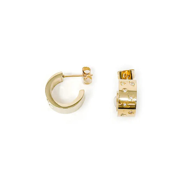 NON TARNISH CELESTIAL PAVE GOLD HUGGIE HOOPS