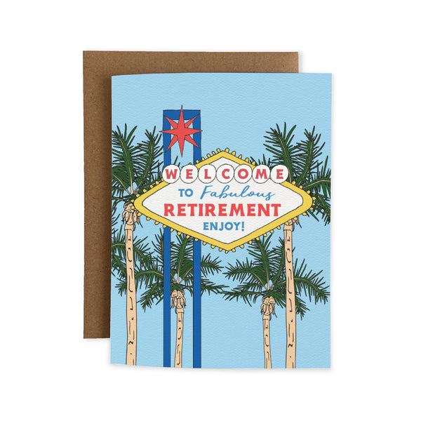 A folded greeting card with a image of a Fabulous Retirement sign, accompanied by palm trees, presented with a brown envelope.