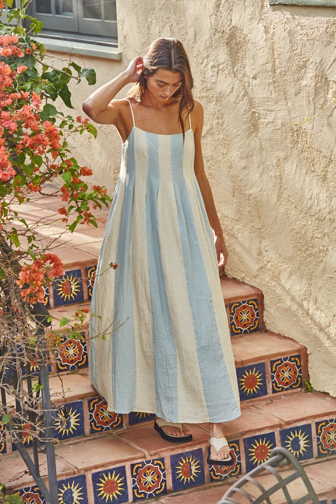 COTTON GAUZE BLUE STRIPED MIDI DRESS