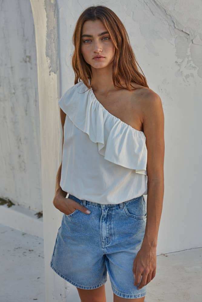 ONE SHOULDER LAYERED SLEEVELESS RUFFLE TOP