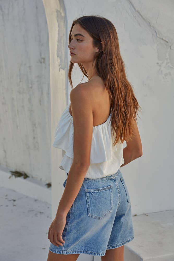 ONE SHOULDER LAYERED SLEEVELESS RUFFLE TOP