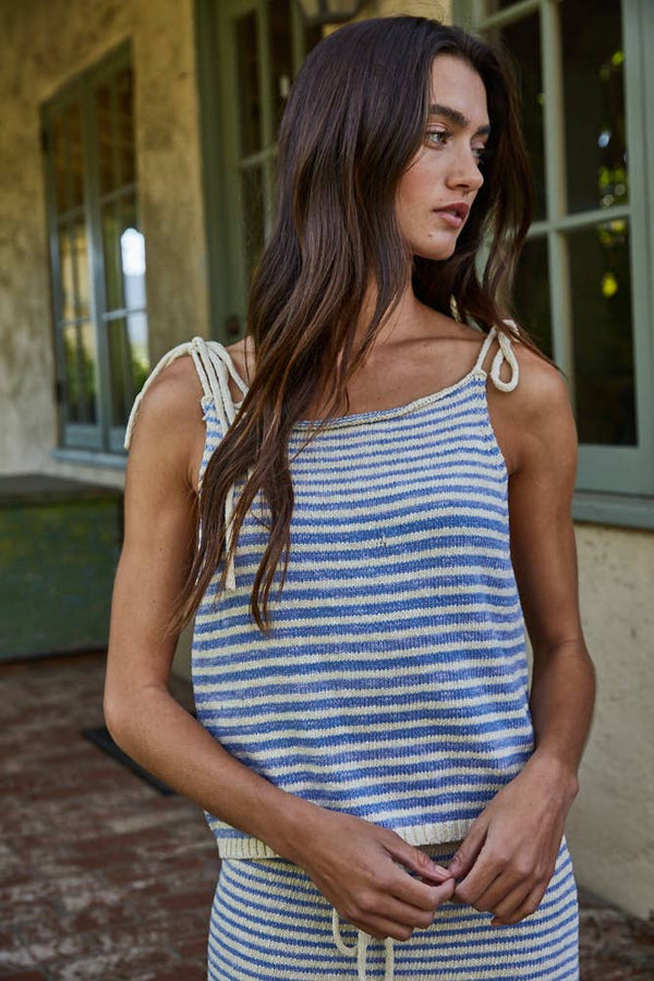 TIE STRIPE KNIT COTTON STRIPED SPAGHETTI TOP, BLUE