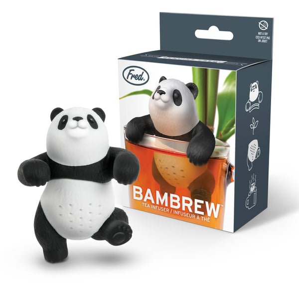 A black and white panda-shaped tea infuser by Fred Studio, packaged in a box with the product name 'BAMBRREW' displayed.