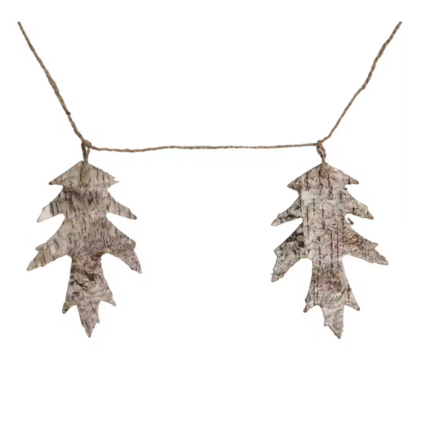 Decorative leaf garland with a twig-like structure on a white background