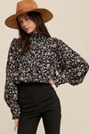 SALE-BLACK FLOWER PRINT MOCK NECK PLEATED DESIGN BLOUSE-SALE