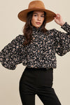 SALE-BLACK FLOWER PRINT MOCK NECK PLEATED DESIGN BLOUSE-SALE