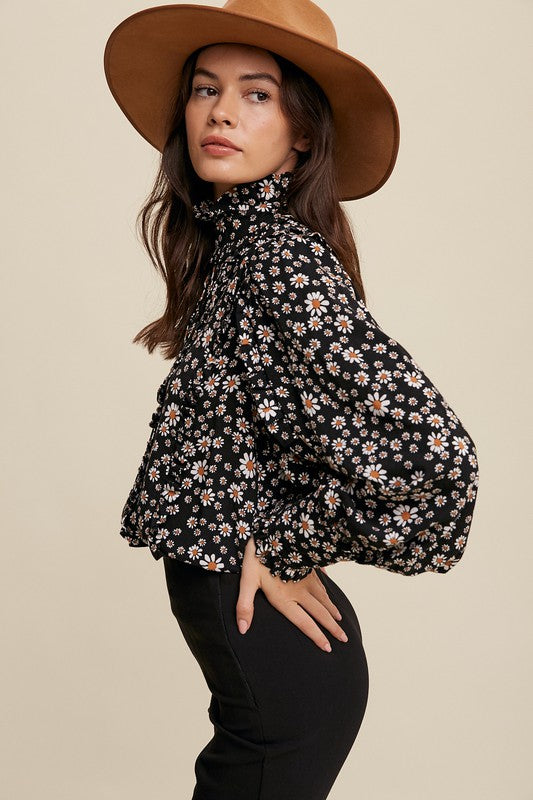 SALE-BLACK FLOWER PRINT MOCK NECK PLEATED DESIGN BLOUSE-SALE