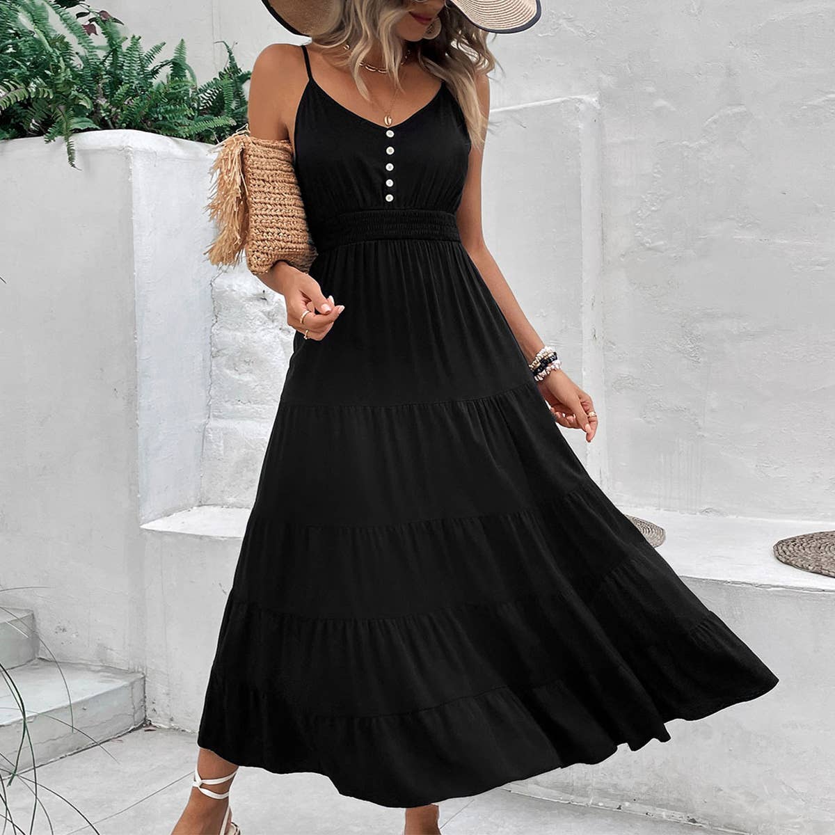 BLACK COTTON AND LINEN HALTER DRESS