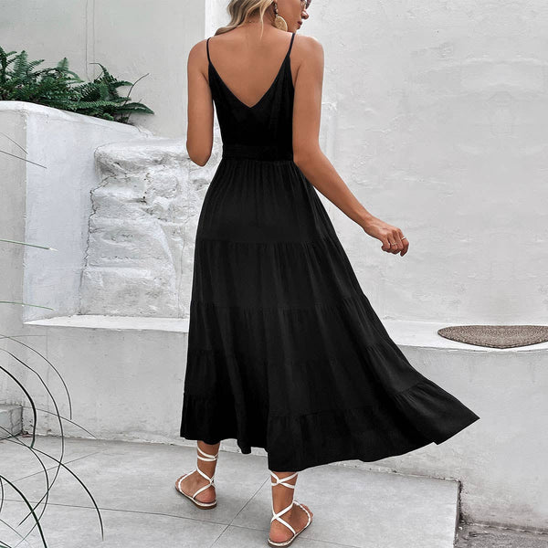 BLACK COTTON AND LINEN HALTER DRESS