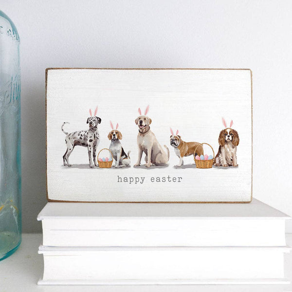 BUNNY EAR DOGS HAPPY EASTER DECORATIVE WOODEN BLOCK