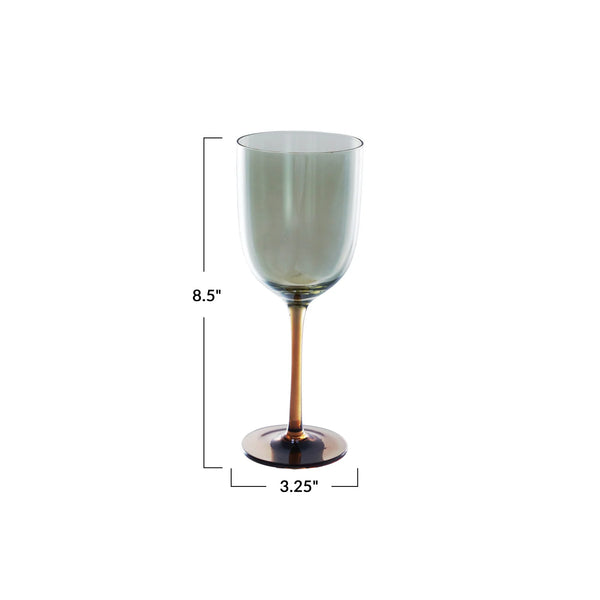 12 OZ. STEMMED WINE GLASS, IRIDESCENT FINISH, AMBER COLOR & GREEN