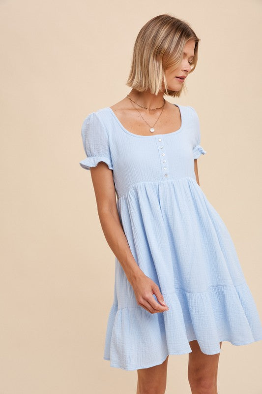 COTTNE GAUZE BABYDOLL HENLEY DRESS