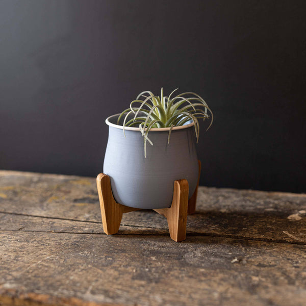 BELLE PLANTER POT WITH STAND VINTAGE BLUE METAL & WOOD