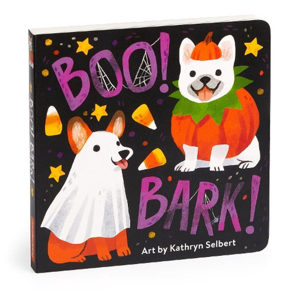 A board book titled 'BOO! BARK!' with illustrations of a white dog in a ghost costume and a brown dog in a pumpkin costume, surrounded by fall and Halloween themed decorations.