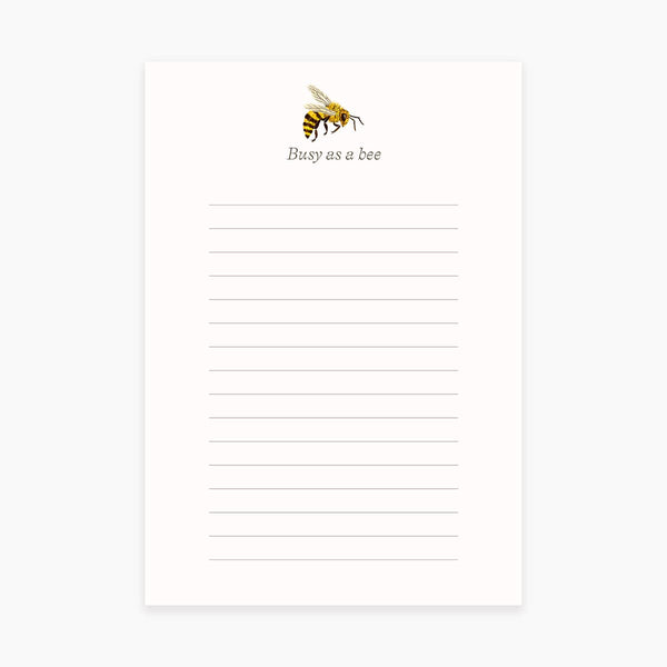 A white notepad with a lined design and a bee illustration at the top, titled 'Busy as a bee'.