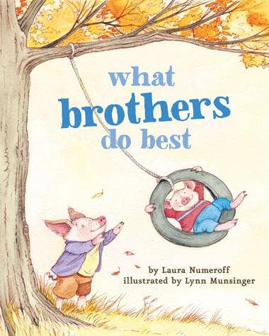 Cover of 'What Brothers Do Best' book featuring illustrations of two brothers playing with a swing and a tree in the background.