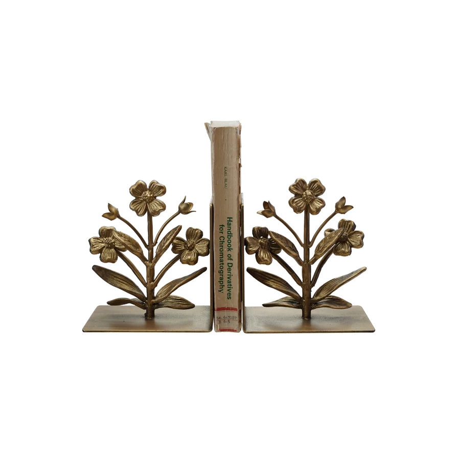 SINGLE CAST IRON FLOWER SHAPED BOOKEND, GOLD