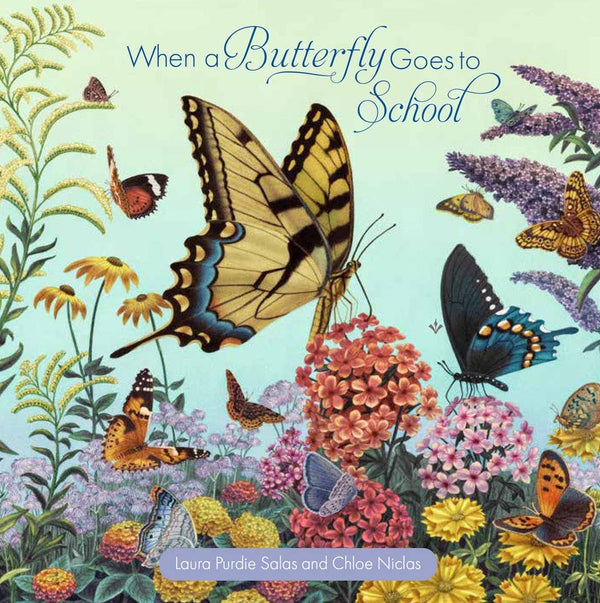 Cover of the book 'When a Butterfly Goes to School' featuring illustrations of various butterflies with a colorful background of flowers.