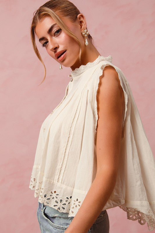 BUTTON FRONT SLEEVELESS EYELET BLOUSE, CREAM