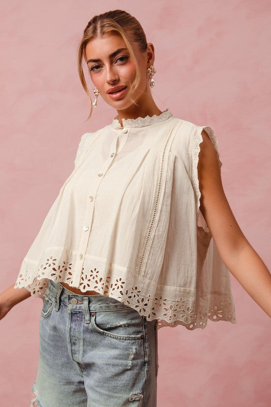 BUTTON FRONT SLEEVELESS EYELET BLOUSE, CREAM