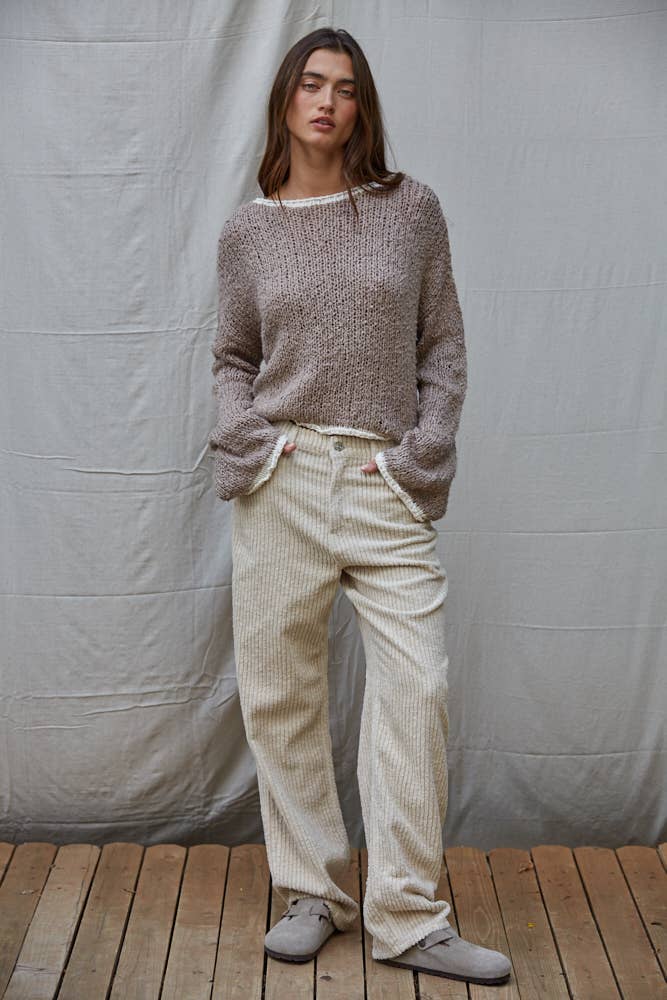 MOCHA KNIT PULLOVER W/ CONTRAST HEM