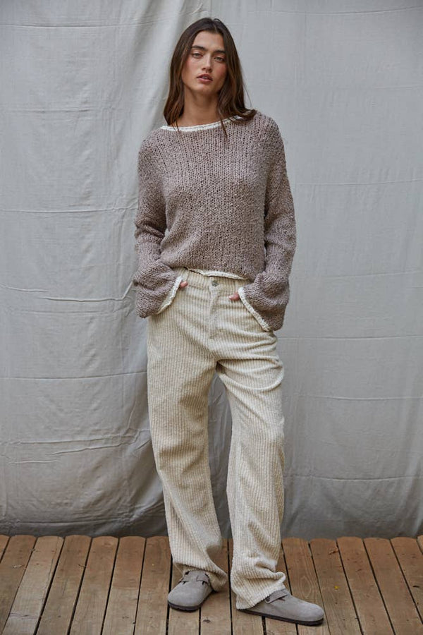 MOCHA KNIT PULLOVER W/ CONTRAST HEM