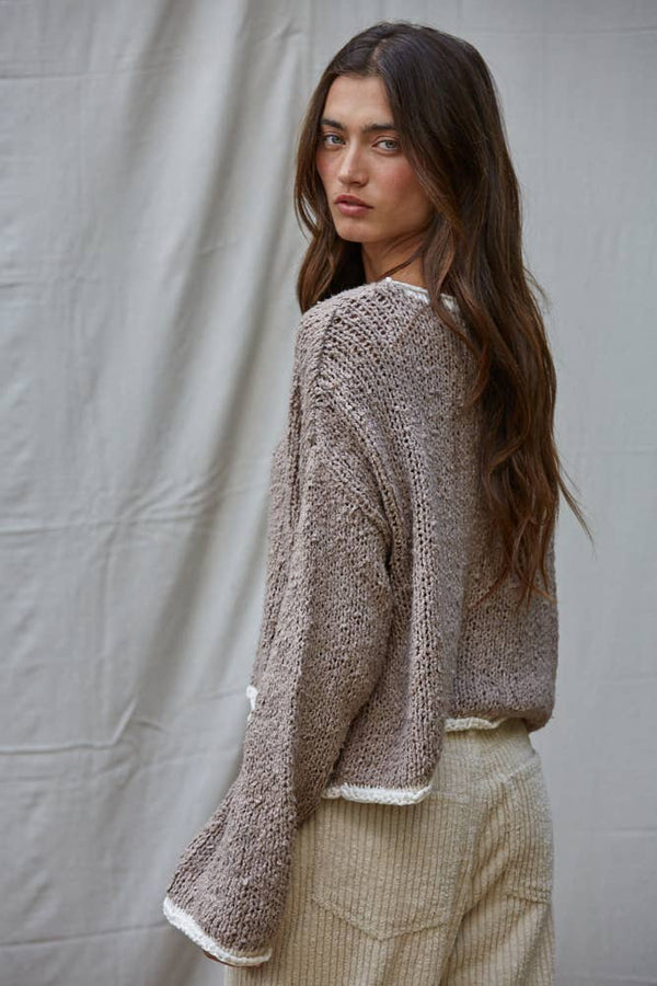 MOCHA KNIT PULLOVER W/ CONTRAST HEM