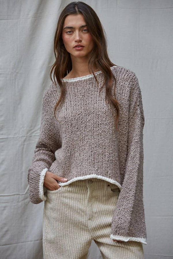MOCHA KNIT PULLOVER W/ CONTRAST HEM