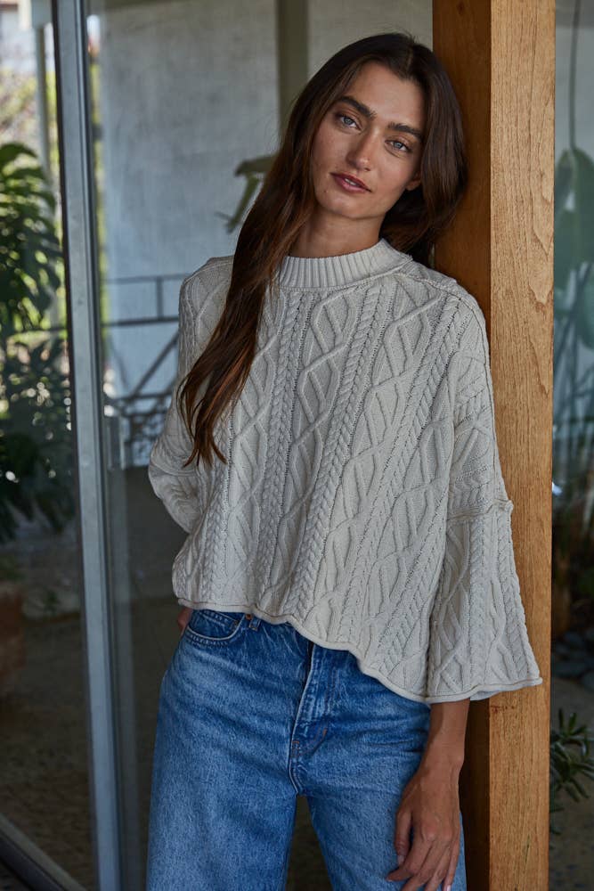 KNIT CABLE SWEATER 3/4 SLEEVE PULLOVER